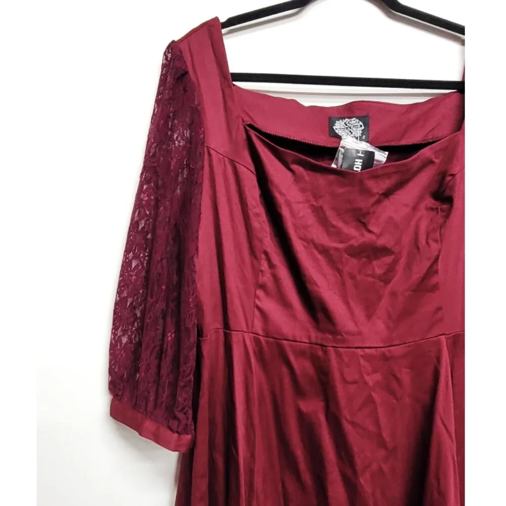 Hearts & Roses Burgundy Lace Sleeve Retro Swing Dress 2 2X 18 20 - Picture 5 of 9
